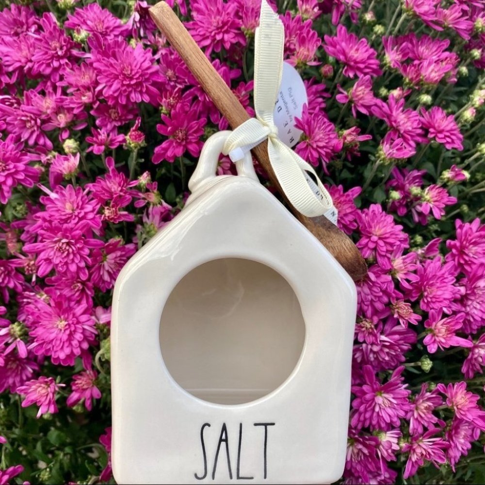 NEW Rae Dunn Cute Birdhouse Salt Pig w/ wooden spoon! For kitchen or bath! Salt!